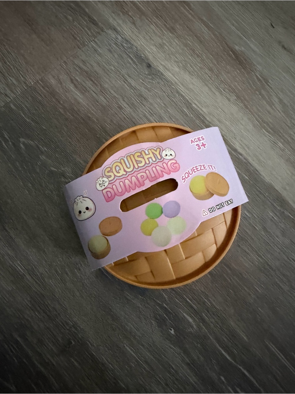 Kids Stress Toy - Packaging, Tan Dumpling Basket. Green squish, no face